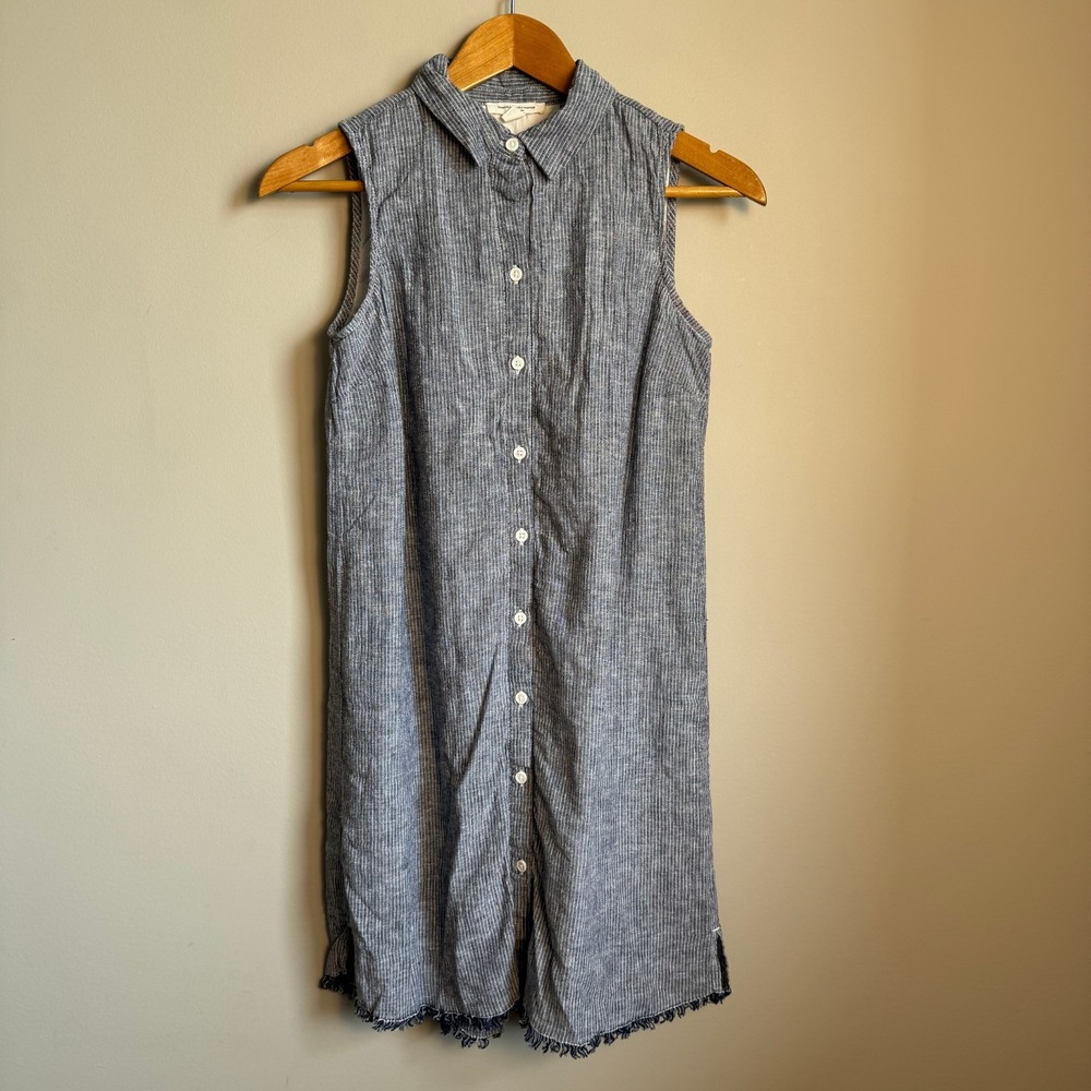 Beach Lunch Lounge Womens Sleeveless Dress Button-up Frayed Linen Blend Blue XS